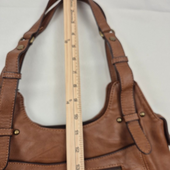 Clarks Brown Faux Leather Shoulder Bag Purse Leopard Lining Multi Pocket Satchel - Picture 15 of 16